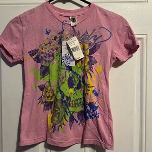 Ed Hardy Kids Sz M NWT $62 Pink Tshirt graffiti skull